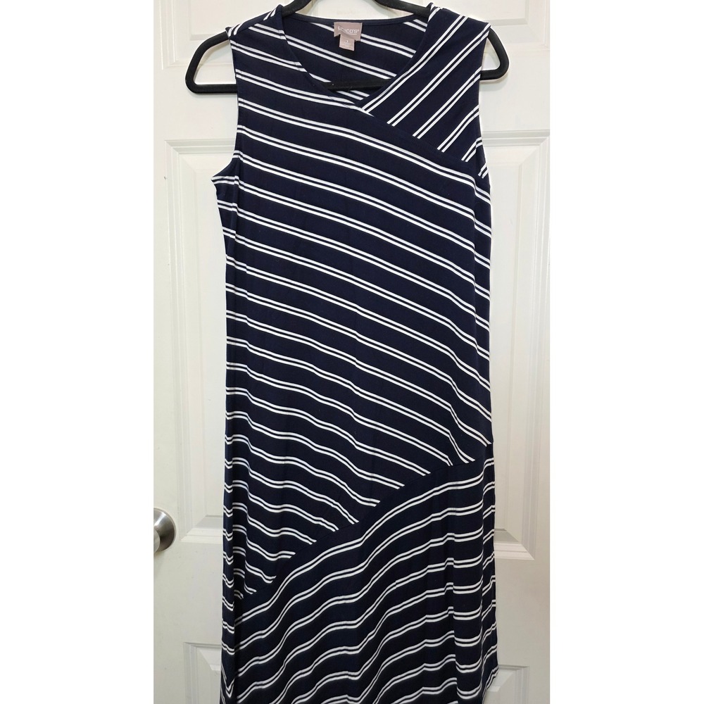 Chico's Dress Womens 1 Navy Blue Striped Sleeveless Asymmetrical Midi Casual